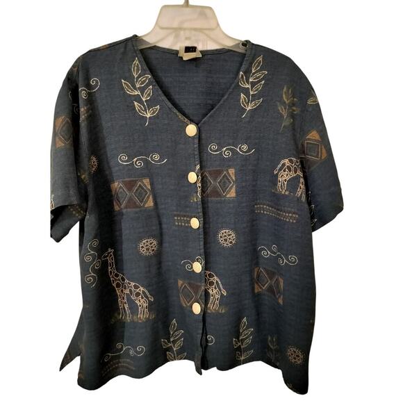 3227)Vtg Teddi Woman Gray Gold Floral Giraffe Print Short Sleeves Button Up XL? - Picture 1 of 8